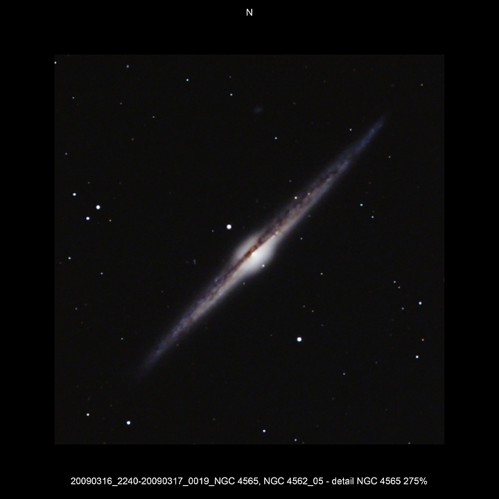 20090316_2240-20090317_0019_NGC 4565, NGC 4562_05 - detail NGC 4565 275pc.JPG -  Com Newton d 309,5 / af 1623 & Coma Corrector CANON-EOS5D (AFC-Filter) 1000 ASA no add. filter 10 light-frames 300s, auto dark, 5 flat, 10 bias Guidemaster, DSS, Canon-RAW-Image, Adobe-PS-CS3 thin cirrus clouds - changing density  